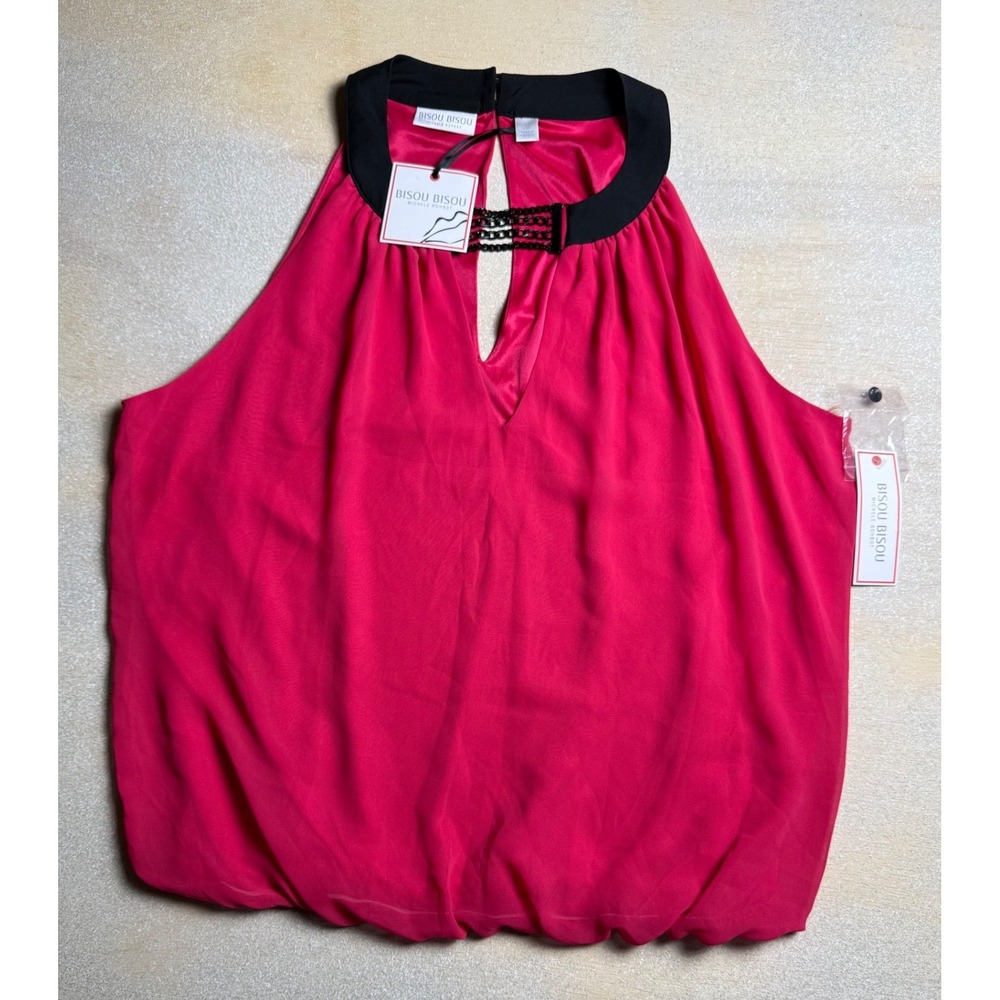 Bisou Bisou Michele Bohbot Halter Top Pink Black Chain Bubble Hem Large-2446